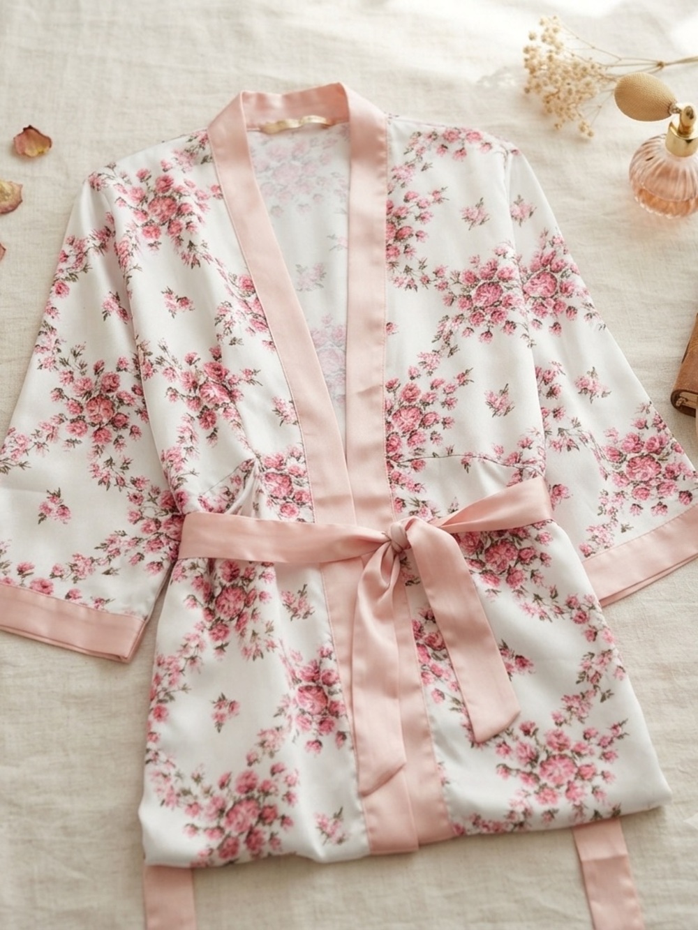 Morgan Lane Floral Silk-Feel Satin Robe with Pink Ribbon Waist